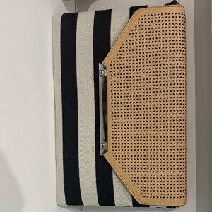 Stella & Dot Striped Black and White Clutch with Tan Accent